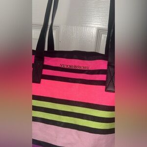 Victoria's Secret Hot Pink, Lime & Black Striped Canvas Tote